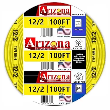 Arizona Electrical Solutions 100 ft 12/2 Type NM-B COPPER. #12 AWG, 2 Conductors with Ground. Insulated Jacket Yellow