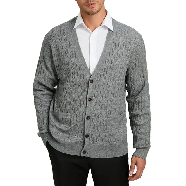 Kallspin Men’s Wool Blend V-Neck Cable-Knit Cardigans Sweaters (Light Gray 4X-Large)