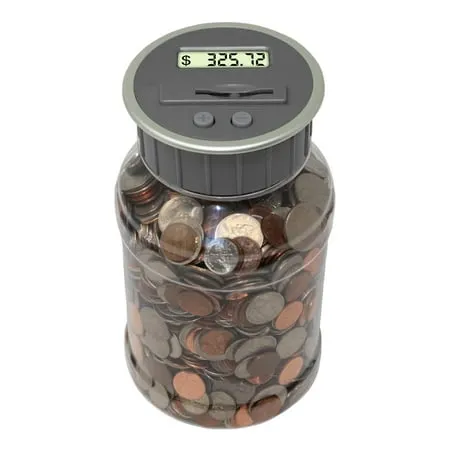 Teacher's Choice Digital Coin Bank, Savings Jar, and Piggy Bank | Automatic Coin Counter Totals All U.S. Coins Including Dollars and Half Dollars - Original Style, Clear Jar w/Grey Lid