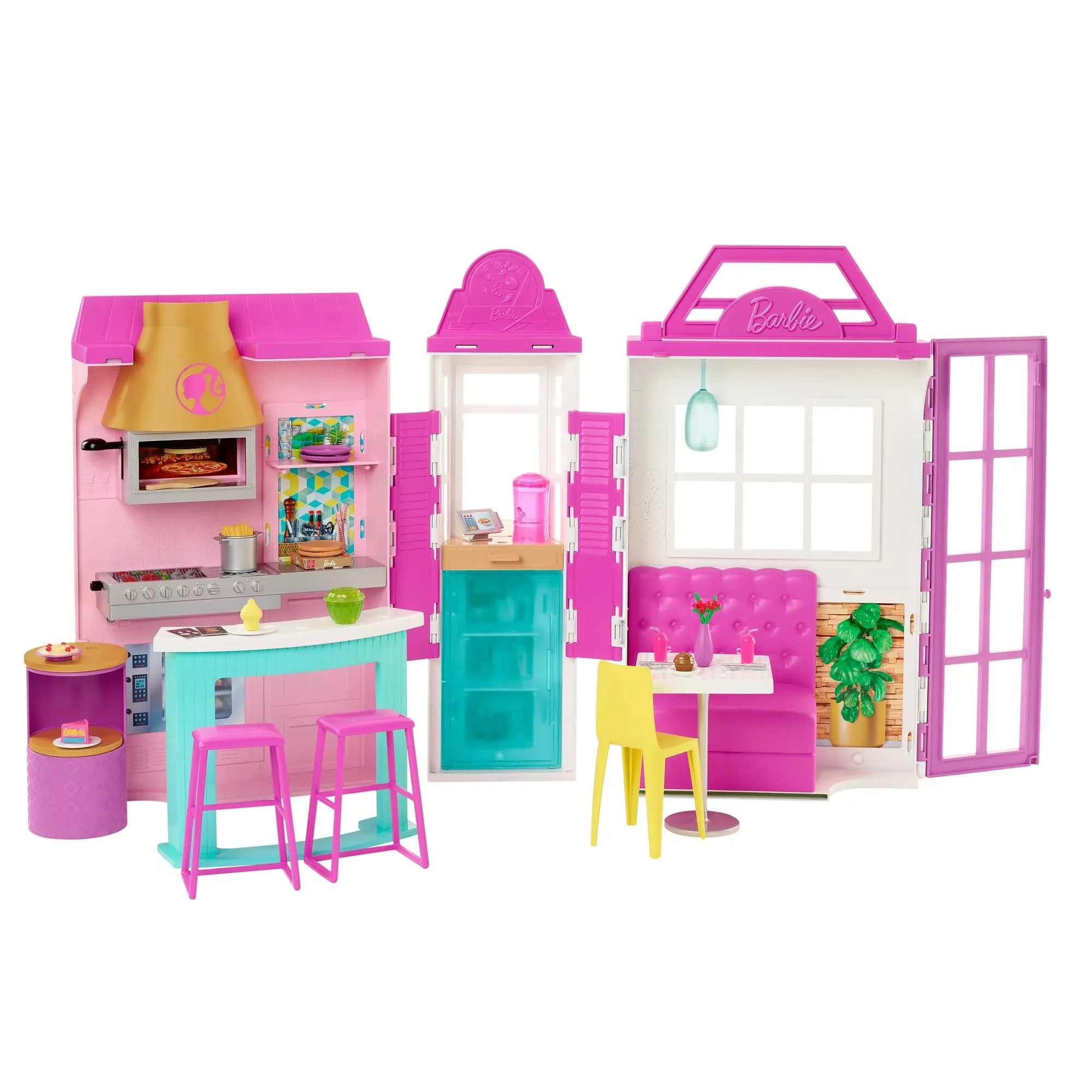 Barbie Cook ‘n Grill Restaurant Doll Playset 30+ Total Pieces &amp; 6 Play Areas NEW