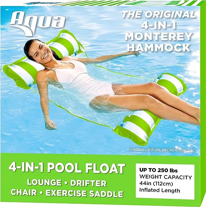 Aqua 4-in-1 Monterey Hammock Inflatable Pool Float, Multi-Purpose Pool Hammock (Saddle, Lounge Chair, Hammock, Drifter) Portable Water Hammock, Lime Green /White StripeAqua 4-in-1 Monterey Hammock Inflatable Pool Fl…