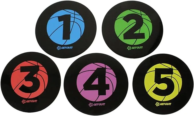 Get Out! Basketball Training Large 9in Disc Spot Markers 5-Pack – Round Flat Numbered Court Floor Poly Vinyl Spots