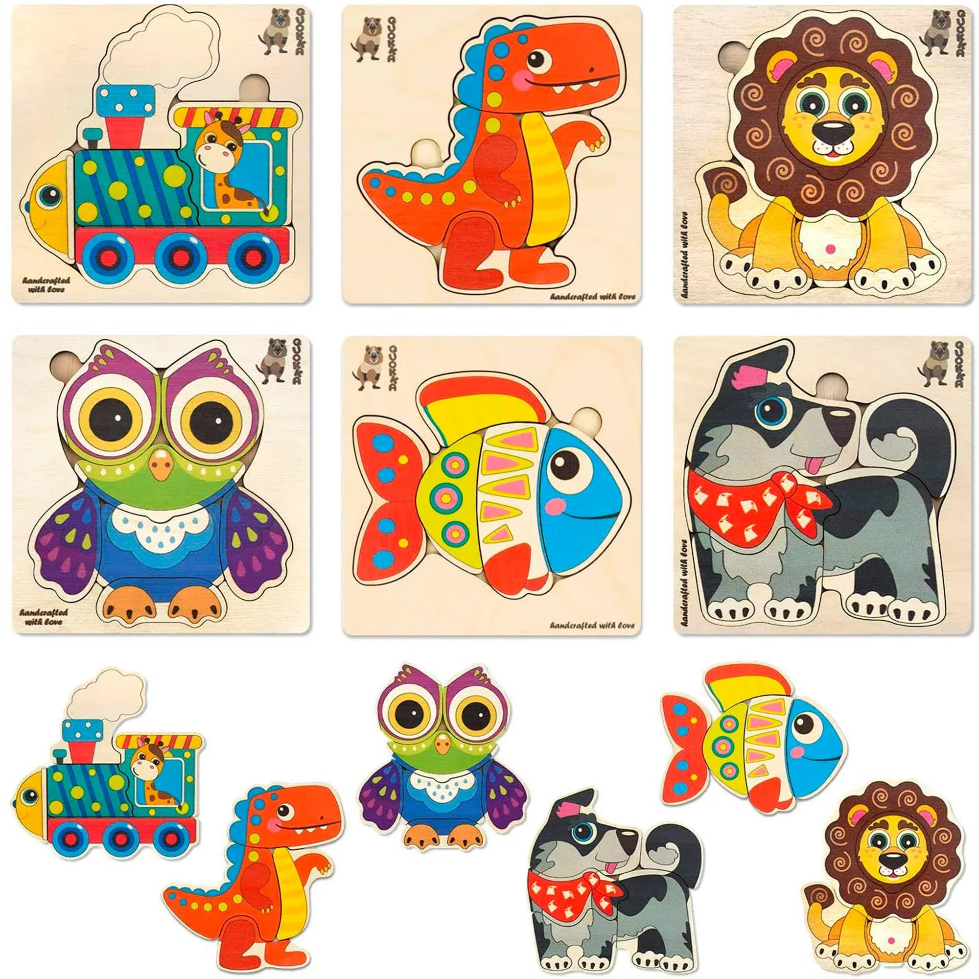 QUOKKA Wooden Puzzles for Toddlers 3-4 - 6XSET Toddler Puzzles Ages 3-4 - Wood Learning Montessori Toys 3-5 Year Old - Animal Travel Game