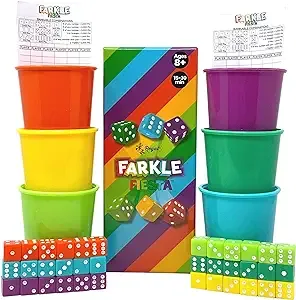 Regal Games - Farkle Fiesta Classic Dice Game w/ 6 Colored Dice Sets, 6 Convenient Dice Cups for Easy Shaking, & 20 Score Sheets - Fun Family Game for Travel, Camp - Ideal for 2-4 Players (Ages 8+)