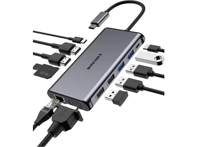 WAVLINK USB C Hub/Docking Station, 12-in-1 Triple Display Type C Adapter with HDMI, VGA, Ethernet, 2 USB 3.0/2.0, DisplayPort, SD/TF Card Reader, Audio Jack, 100W PD3.0 for Mac Windows and More