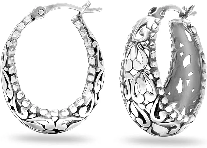 LeCalla 925 Sterling Silver Hoop Earrings | SMALL Italian Inspired Filigree Hoop Earrings | Lightweight Click Top Antique Oxidized Jewelry | Small Chunky Filigree Earring Hoops for Women