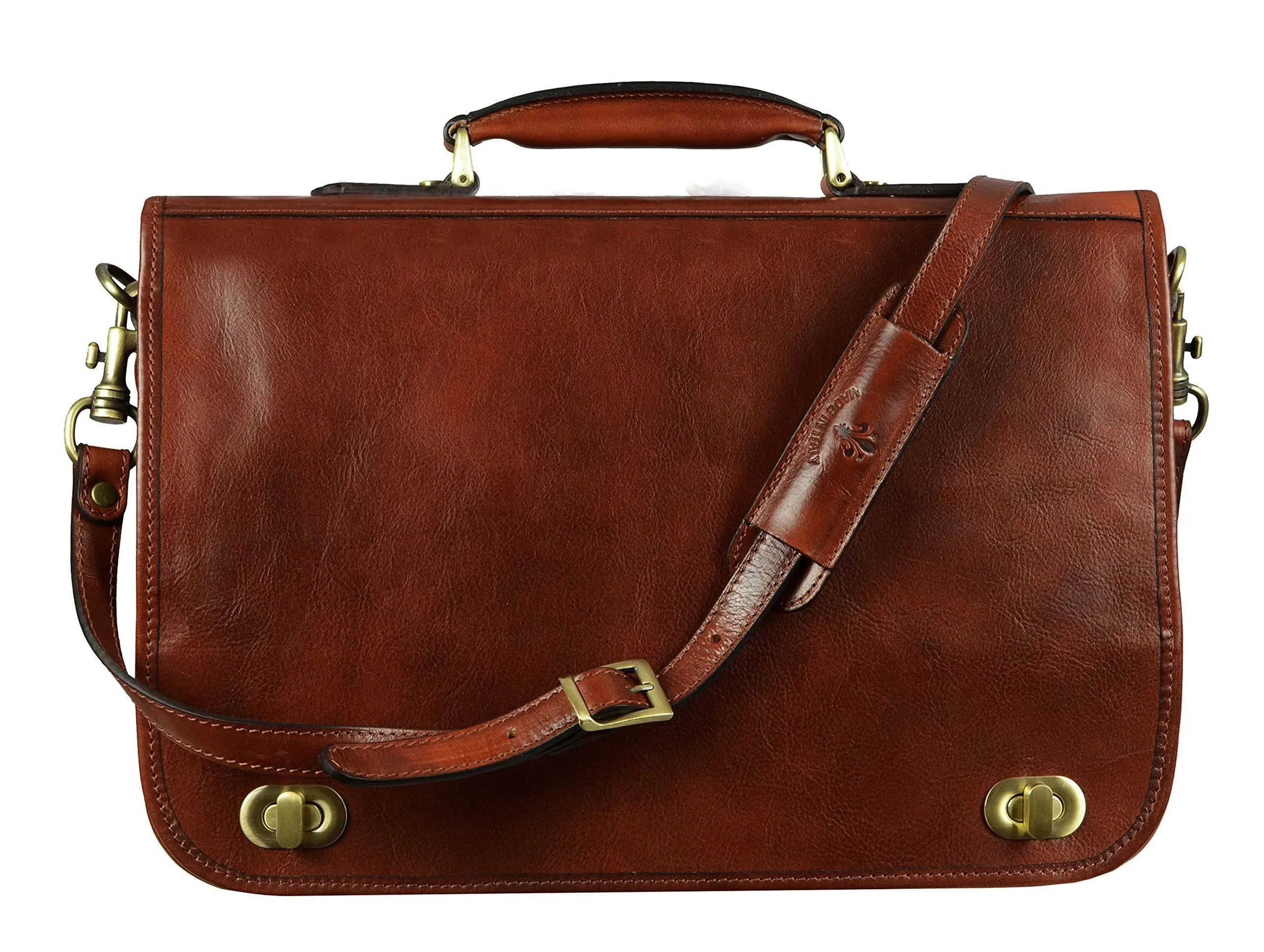 Time Resistance Leather Briefcase Laptop Bag - Illusions, Brown