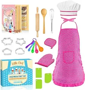 Toyze Gifts for 3-8 Year Old Girls, Kids Apron for Girls Kids Cooking Set, Toddler Apron for Kids Chef Hat and Apron, Toys for 3-12 Year Old Girls 20Pcs Pink- with Cookbook