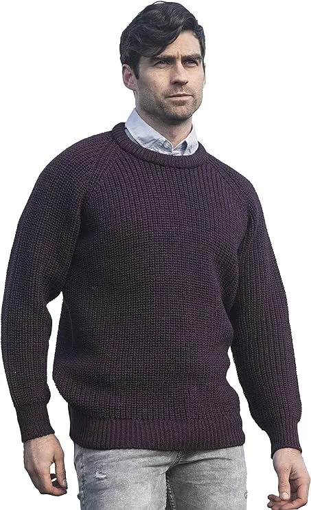 Aran Crafts Men's Fisherman Irish Rib Crew Neck Wool Sweater (100% Pure Wool)