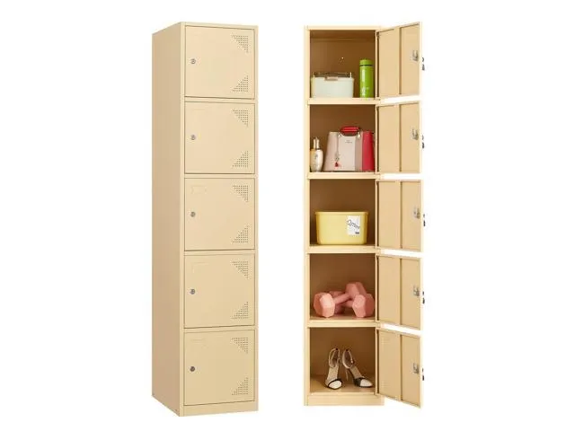 Metal Lockers for Employees with Lock, Employees Locker Storage Cabinet with 5 Doors, Tall Steel Storage Locker for Gym, School, Office Camel