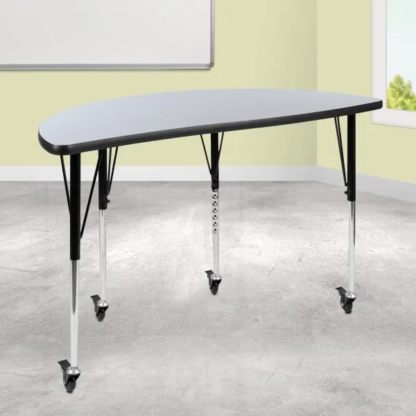 Flash Furniture Mobile Half Circle Wave Flexible Collaborative Thermal Laminate Activity Table With Standard Height-Adjustable Legs, 30&quot;H x 47-1/2&quot;W x 24&quot;D, Gray