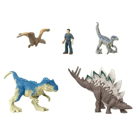 Mattel Jurassic World Dominion Chaotic Cargo Pack of 5 Mini Figures, 1 Human & 4 Dinosaur Toys in Cargo Truck-Themed Package