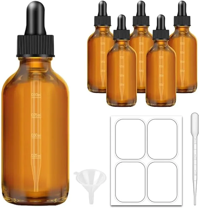 6 Pack, 4 oz Dropper Bottle with Measured Dropper, Clear Glass Eye Dropper Bottle for Essential Oils with Funnel, Labels & Pipette, Tincture Bottle (Unbreakable Plastic Eye Dropper)