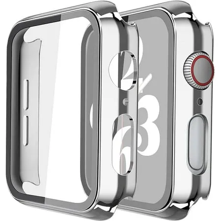 2 Pack Compatible for Apple Watch Series 7 8 9 SE 41mm Tempered Glass Screen Protector Hard PC Case Full Body 360 Protection for iWatch Series 7 8 9 SE 41mm - 1x Clear/1x Silver