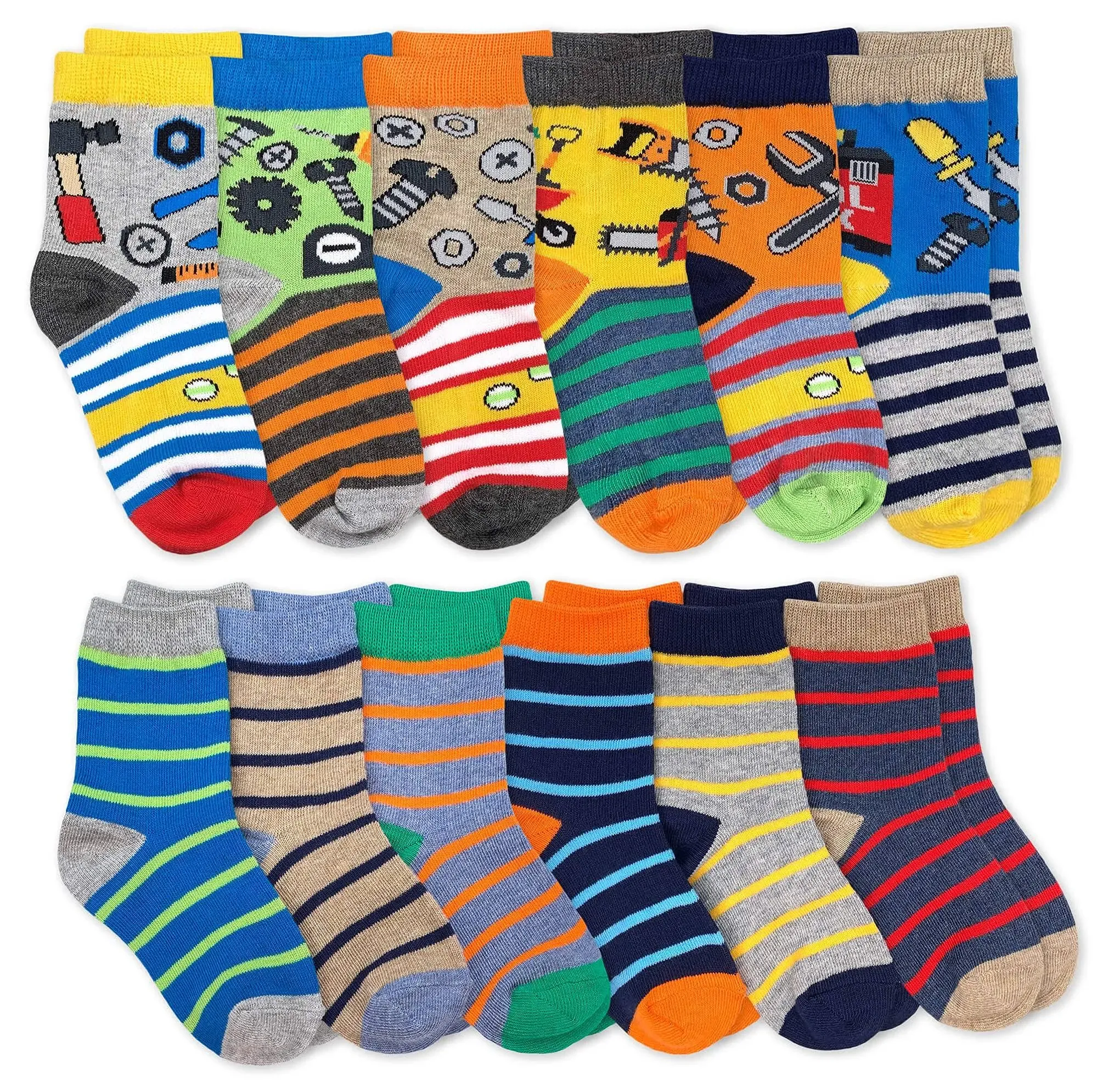 Jefferies Socks Boys Tools Stripes Pattern Variety Crew Socks 12 Pair Pack