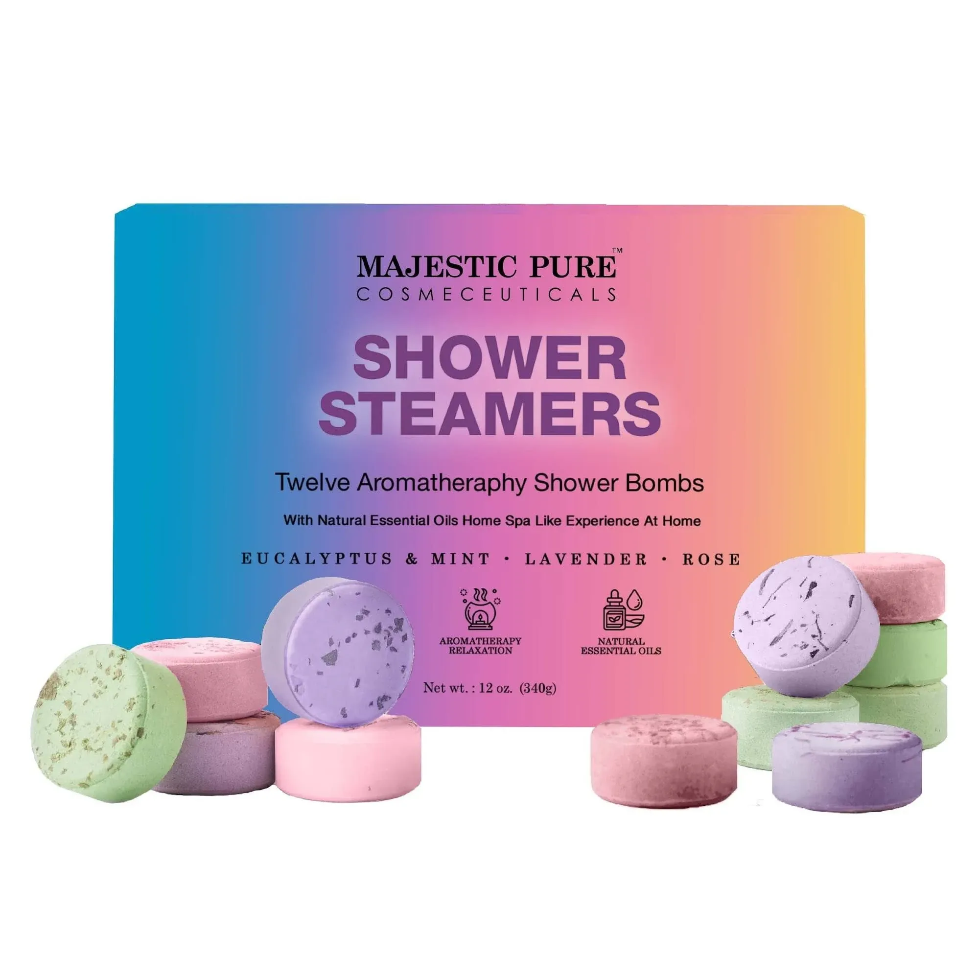 Majestic Pure Shower Steamers | Variety Pack of 12 Shower Tablets with Essential Oils | Relaxing & Rejuvenating | Gifts for Men & Women