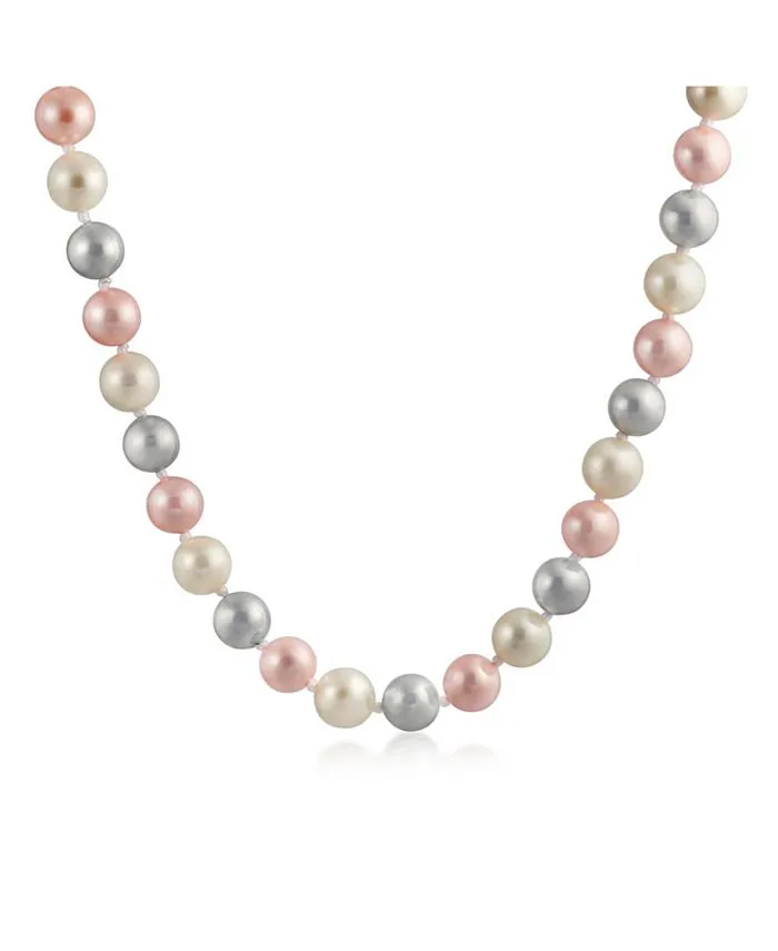 Classic Smooth 10MM Pale Pink White Grey Tri Multi Color Hand Knotted Simulated Pearl Strand Necklace For Women 18 Inches