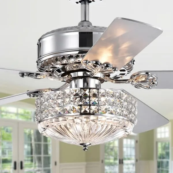 Gremane Chrome 52-inch Lighted Ceiling Fan with Crystal Shade (incl. Remote & 2 Color Option Blades)