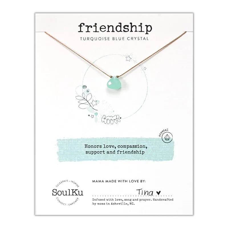 SoulKu Soul Shine Handmade Necklace, Empowering Jewelry With Healing Crystal, Inspirational Stocking Stuffer Gift for Her, 2"" Extender With Lobster Clasp, 16"" Nylon Cord (Turquiose, Friendship)