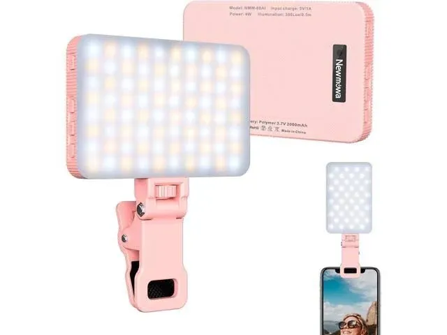 Newmowa Pink Rechargeable Selfie Light - Portable Clip on Video Light for Phone/Laptop/Camera with Smart Light Sensor,3 Light Mode,2000mAh Battery Phone Light for Selfie/Makeup/Video Conference/TikTok