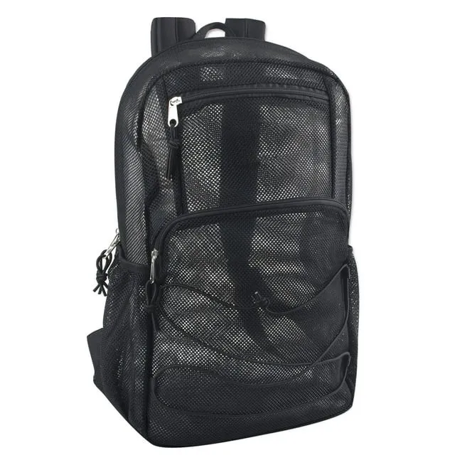 Deluxe See Through Mesh Backpack with Bungee Cord & Adjustable Padded Straps for Swimming, Travel (Grey)