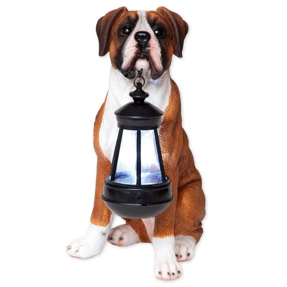 Bits and Pieces - Boxer Solar Lantern Statue - Solar Powered Garden Lantern Statue - Resin Dog Sculpture with LED Light - Outdoor Lighting and Décor