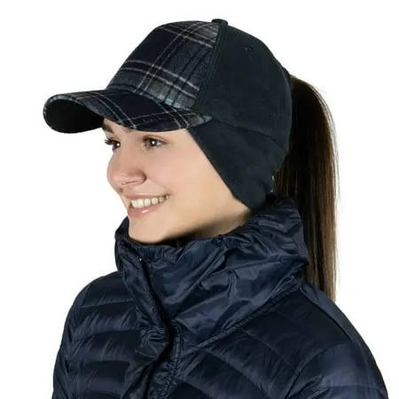 TrailHeads Women s Winter Ponytail Hat | Trucker Hat with drop down ear warmers - blue plaid