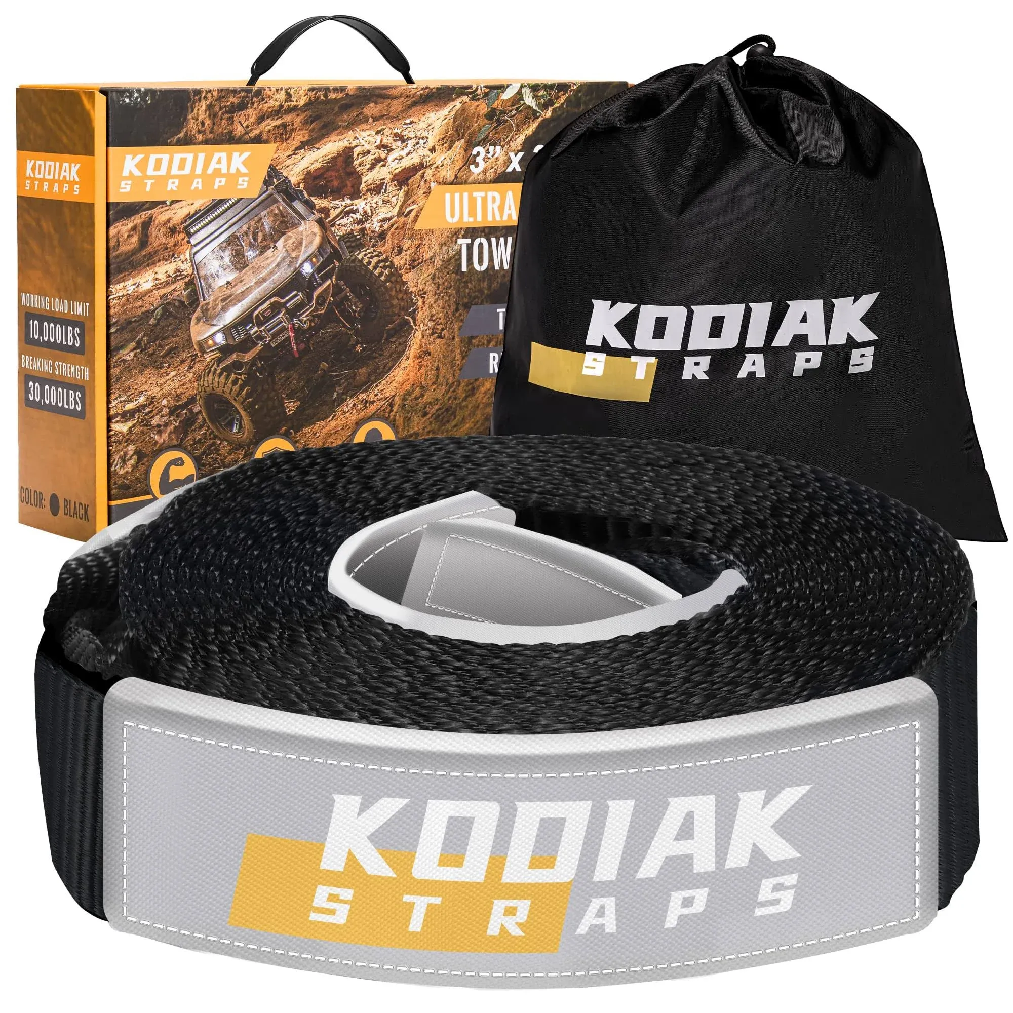 KODIAK STRAPS Tow Strap – 3'' x 20ft Car Tow Straps Heavy Duty with 30000 lbs. Break Strength and Reinforced Loops Emergency Rope Off Road Recovery Equipment Towing Straps Draw String Bag Included