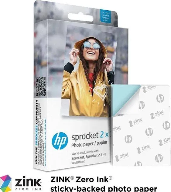 HP Sprocket 2x3" Premium Zink Sticky Back Photo Paper (50 Sheets) Compatible with HP Sprocket Photo Printers