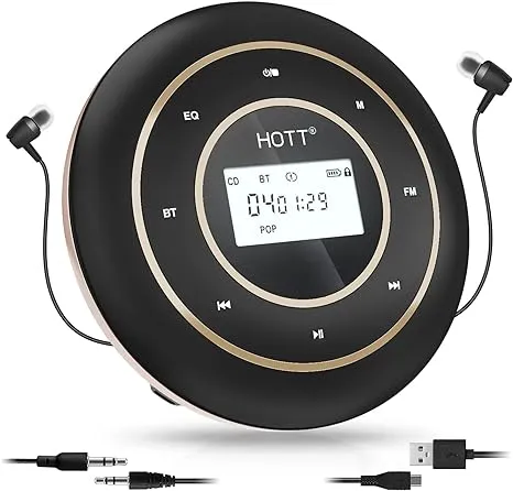 HOTT C105 Portable CD Player Bluetooth and FM Transmitter Rechargeable Compact CD Player with Touch Buttons Backlit Display Black