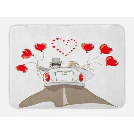 Wedding Bath Mat Newlywed Couple in Vintage Car with Heart Shaped Balloons Drawing Art Print Non-Slip Plush Mat Bathroom Kitchen Laundry Room Decor 29.5 X 17.5 Inches Red Taupe White Ambesonne