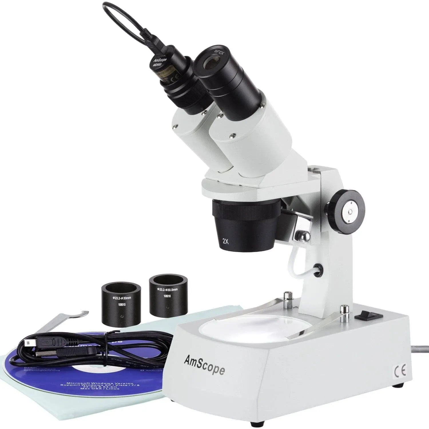 AmScope SE306R-AZ-E2 Digital Forward-Mounted Binocular Stereo Microscope, WF10x and WF20x Eyepieces, 20X/40X/80X Magnification, 2X and 4X Objectives, Upper and Lower Halogen Lighting, Reversible Black/White Stage Plate, Arm Stand, 120V, Includes 2MP Camera and Software