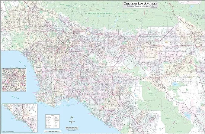 Los Angeles-Orange County-Riverside Detailed Region Wall Map (67"x44") w/Zip Codes