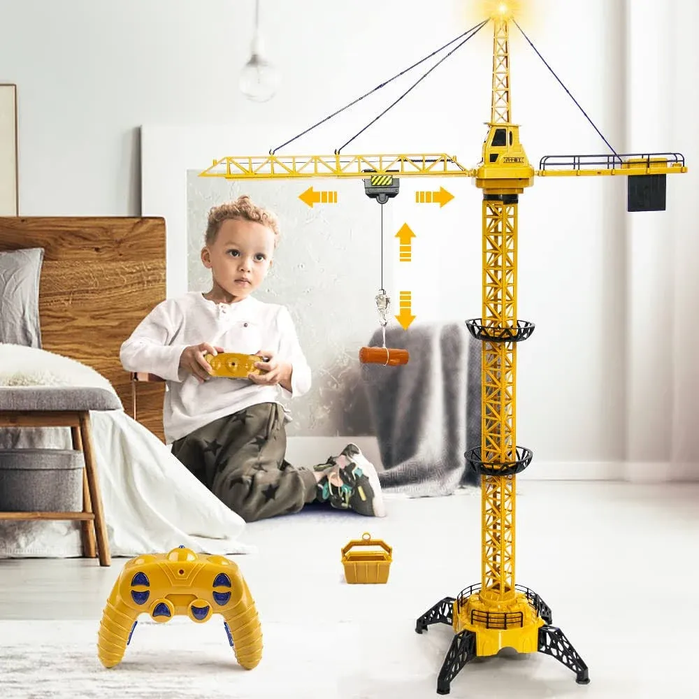 Mini Tudou 50.4 inch Tall 2.4GHz Remote Control Tower Crane, 6 Channel Remote Control Construction RC Crane Toy 680 Degree Rotation Lift Model with Tower Light & Sound for Kids Boys Girls