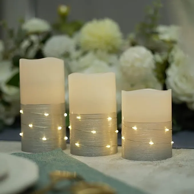 Flickering Flameless Candles Ivory Real Wax Pillar with Embedded String Lights LED Candles Battery Operated with 10 Key Remote and Cycling 5H Timer Set of 3 (3" x 4"/5"/6") (Silver)