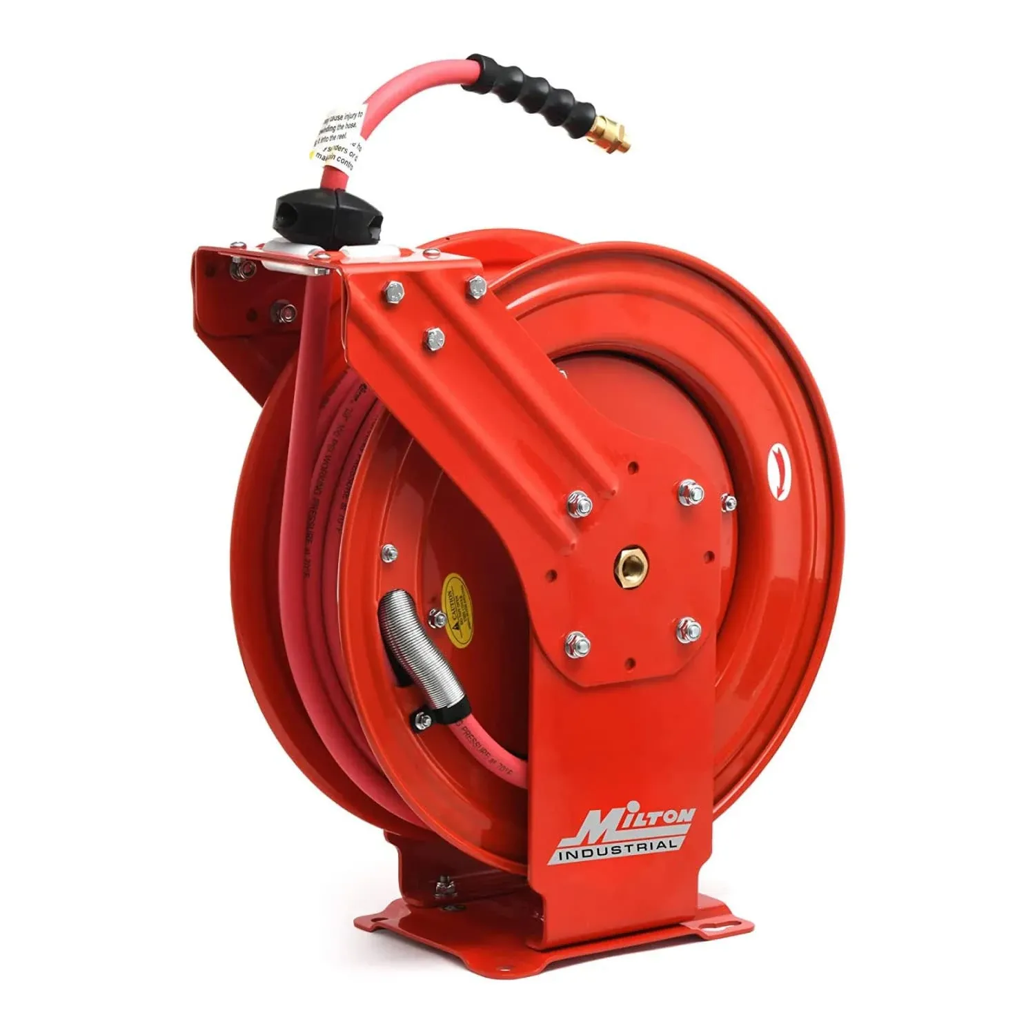 MILTON Strength Air Hose Reel w/Auto- Retractable Steel Dual Arm, 3/8" MNPT x 50 ft. Hybrid Rubber Hose - 300 Max PSI, Red - 2770-50D