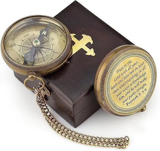 God is My Guide Brass Compass Gift with Display Box - Engraved Scripture Prayer Compass Religious Gift for Men & Women - Baptism, Confirmation, Communion Compass for Boys Graduation Gift