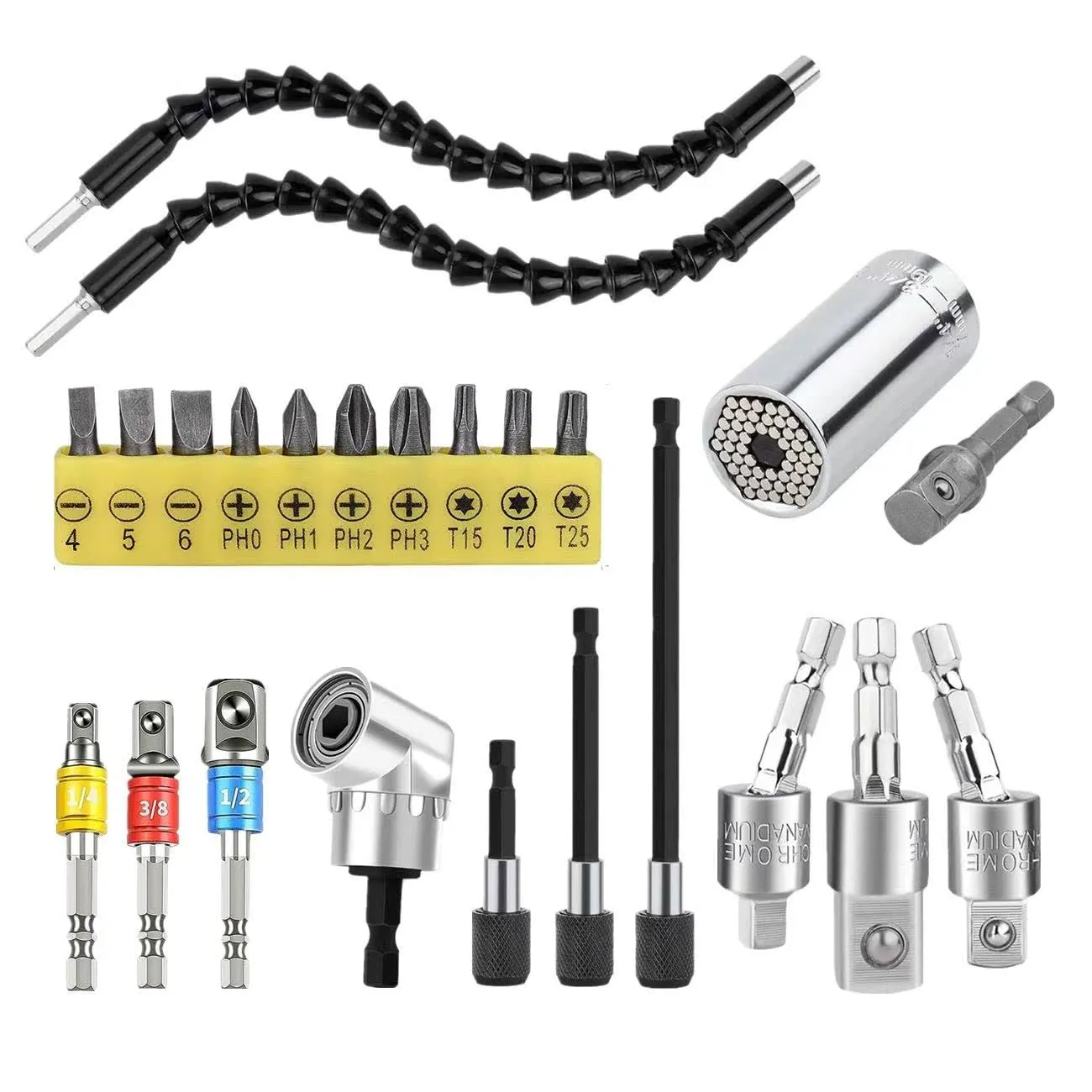 MXiiXM Flexible Drill Bit Extension Hex Shank Kit, Universal Socket Wrench Tools, 105° Right Angle Drill Attachment, 1/4 3/8 1/2" Rotatable Socket Adapter Set, Drill Bit Holder Screwdriver with Box