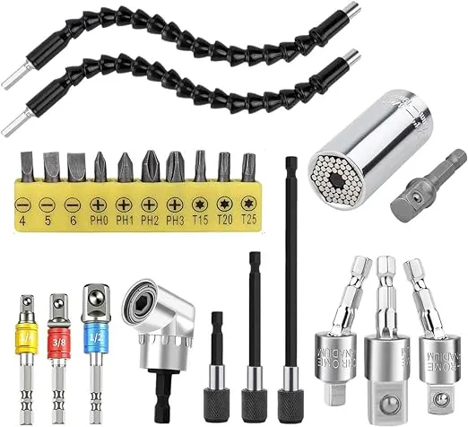 MXiiXM Flexible Drill Bit Extension Hex Shank Kit, Universal Socket Wrench Tools, 105° Right Angle Drill Attachment, 1/4 3/8 1/2" Rotatable Socket Adapter Set, Drill Bit Holder Screwdriver with Box