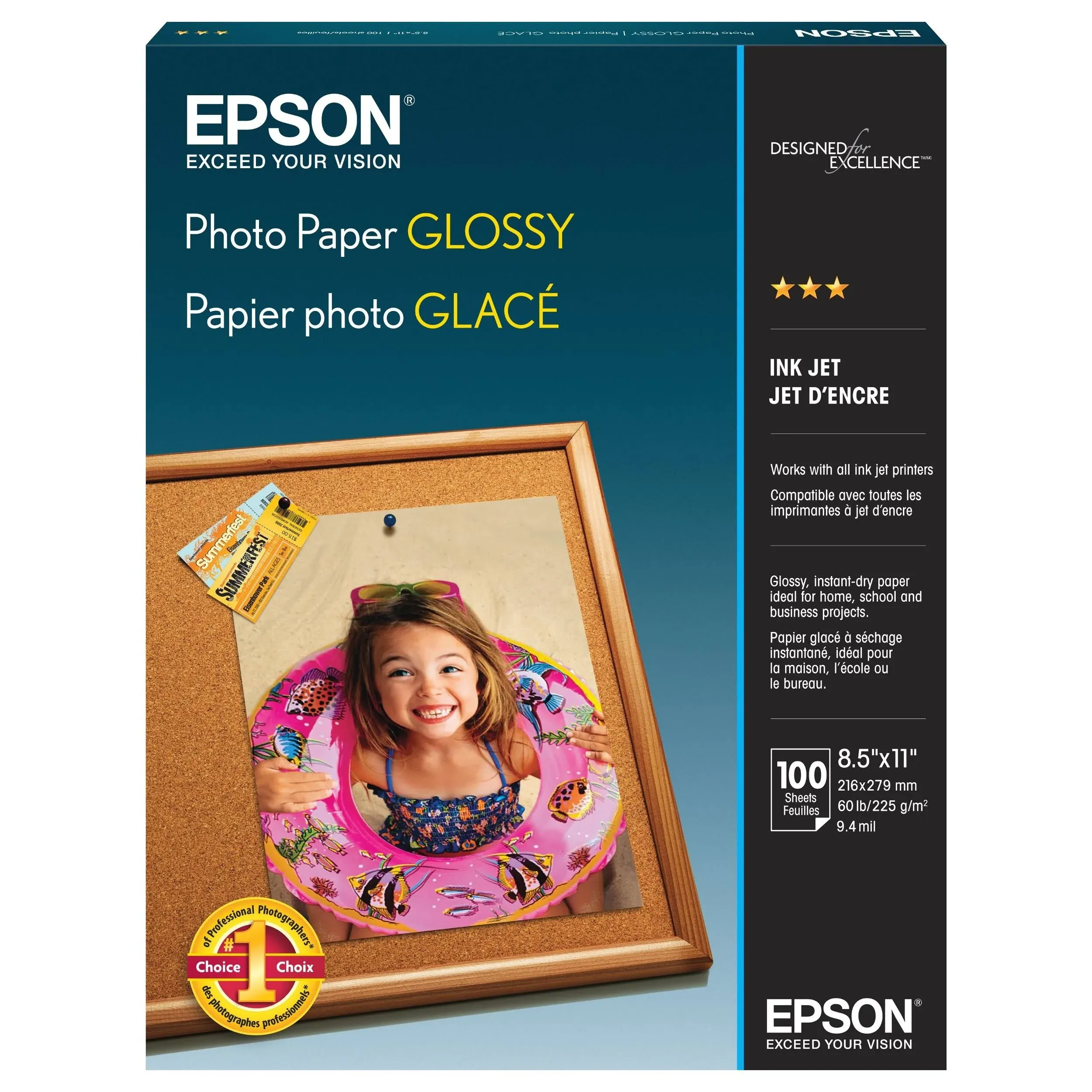 Epson® Glossy Photo Paper, 52 lbs, Glossy, 8-1/2 x 11, 100 Sheets/Pack