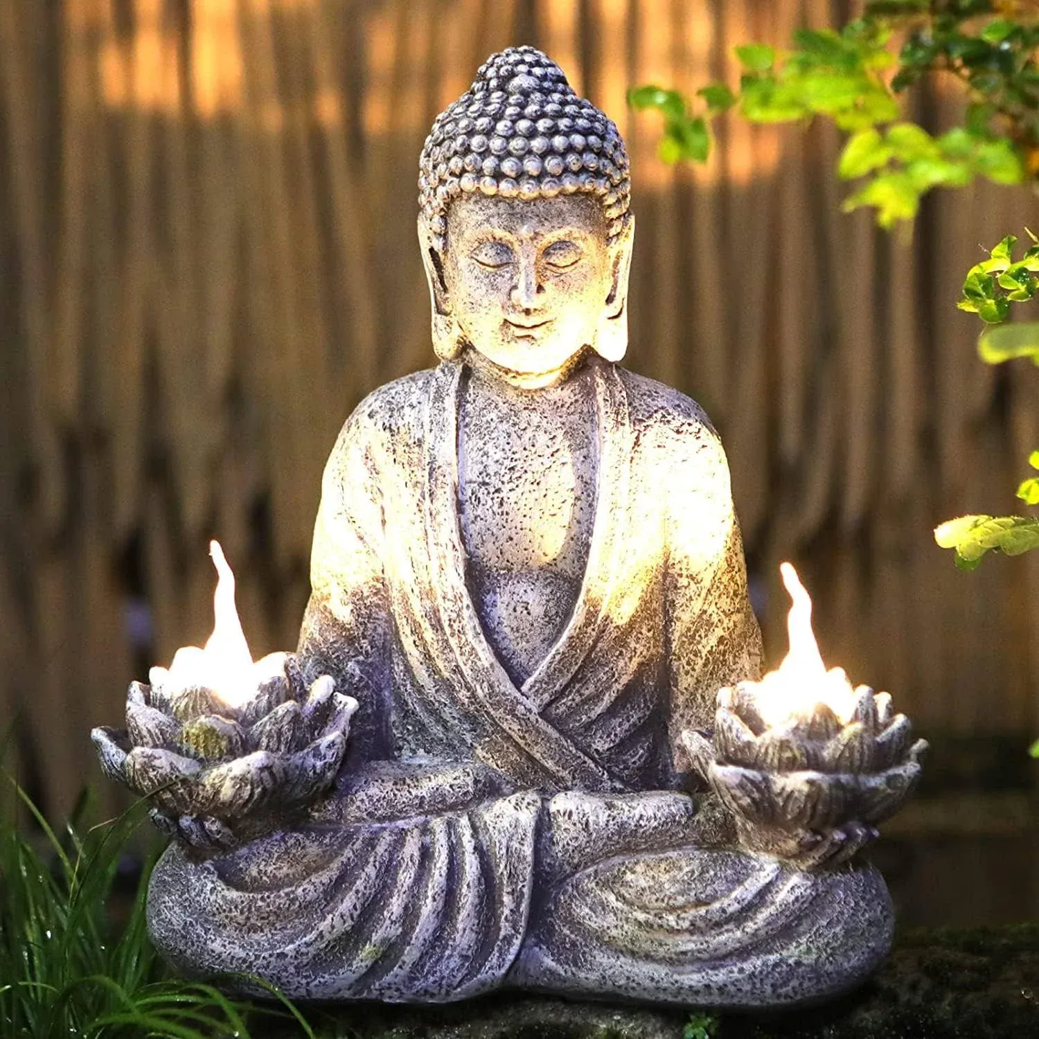 IVCOOLE Buddha Statue Zen Sculpture 11.4in Yoga Garden Decor with LED Solar Lotus ...