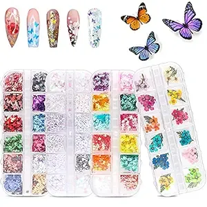 48 Colors Dried Flowers Nail Art Butterfly Glitter Flake 3D Holographic, Tufusiu