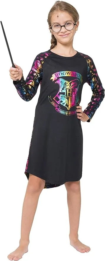 Harry Potter Girls Hogwarts Rainbow Hologram Raglan Nightgown Pajama