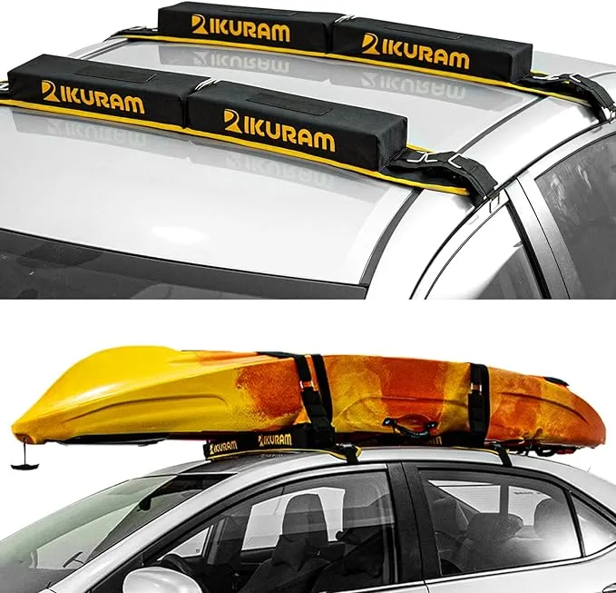 IKURAM Surfboard Car Roof Rack Pads, Universal Soft Roof Rack Carrier for Kayak Paddle Board SUP Canoe Ladder with 6 Heavy Duty Tie-Down Straps, Storage Bag