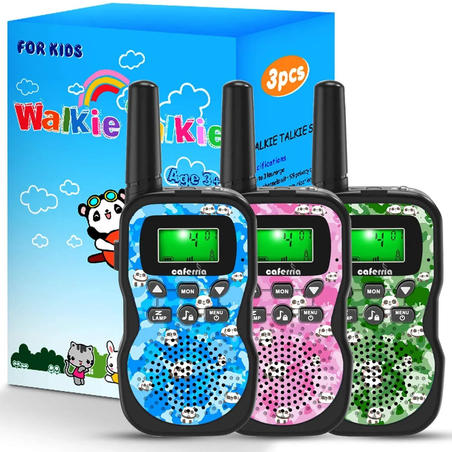 Caferria 3 Pack Walkie Talkies for Kids, 3 KMs Range Kids Walkie Talkies with 22 Channel 2 Way Radio, Kids Toys with Backlit LCD Flashlight, Toys for Boys and Girls Outdoor Adventure, Camping, Hiking