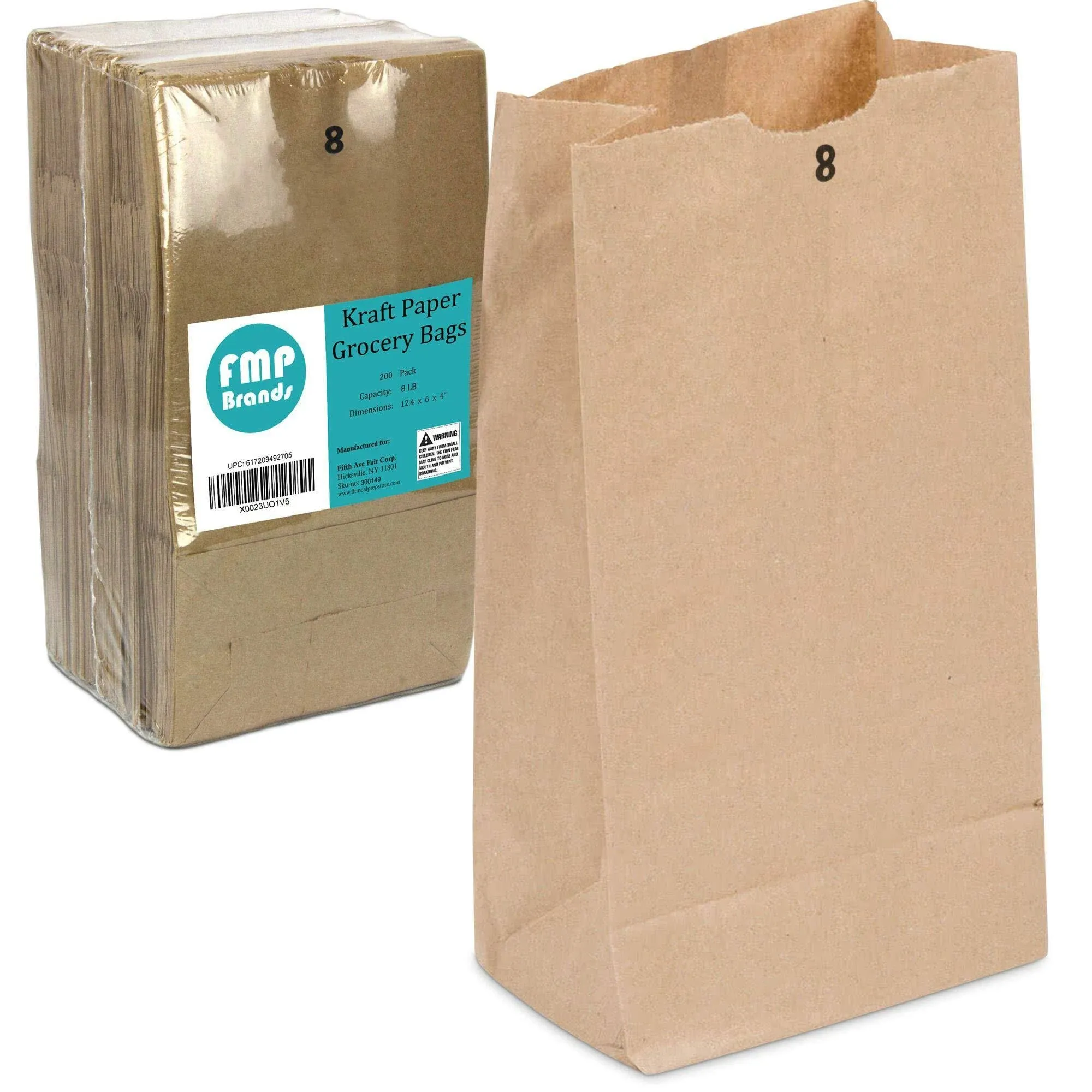 200 Pack Kraft Paper Bags 12.4 X 6 X 4&#034; 8 LB Grocery Lunch Retail Shopping Dur