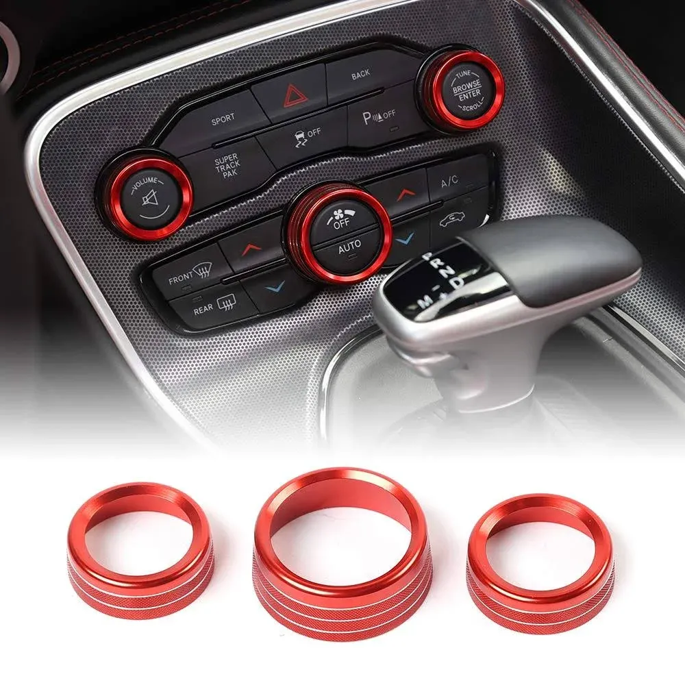 JeCar Audio Air Conditioning Button Trim Cover Aluminum Alloy AC Control Knob Cover Compatible with Dodge Challenger/Charger 2015-2022 & Ram 2012-2017, Red