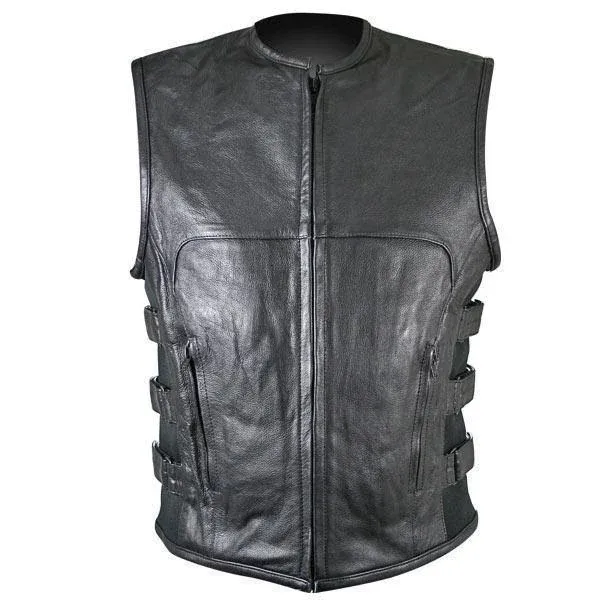 Xelement B95080 Men's Black Advanced Triple Strap Design Leather Motorcycle Vest - Black / 3X-Large