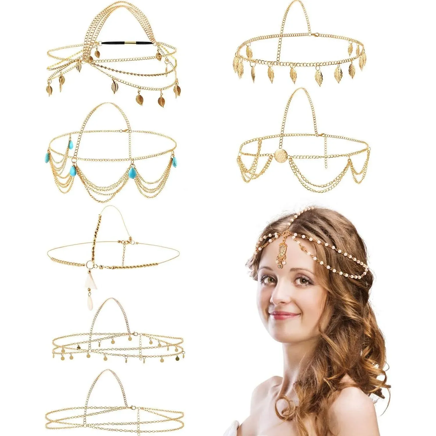 WILLBOND 8 Pieces Gold Head Chain Jewelry Halloween Boho Headband Cute Style 