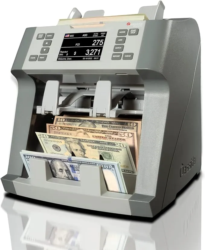 Cassida 9900R V2 2-Pocket Premium Bank Grade Money Counter Machine Mixed Denomination, Bill Sorter, Value Counting, Printer Enabled, 2 CIS, UV/MG, IR/IT Counterfeit Detection with Built-in Printer